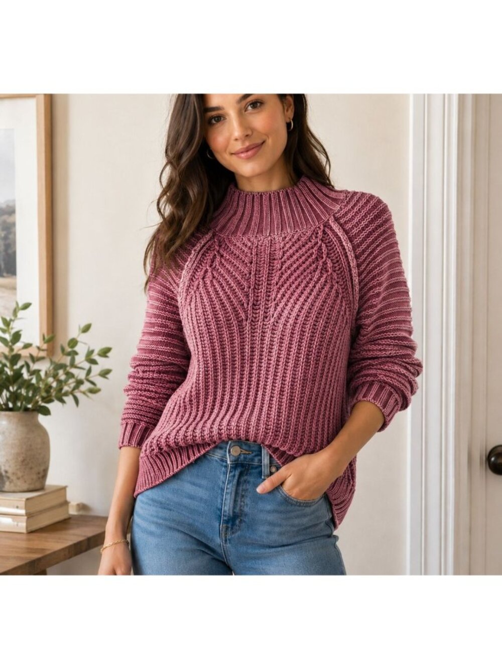 Mystree Chunky Knit Burgundy Sweater High Neckline Ribbed NEW